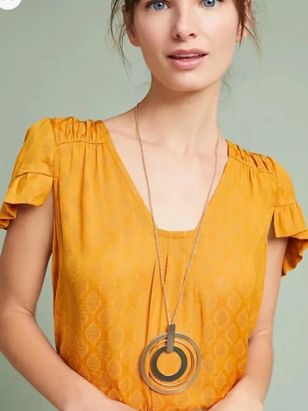 Anthro Maeve Hailey Flutter Ruffle Blouse gold Top sz medium